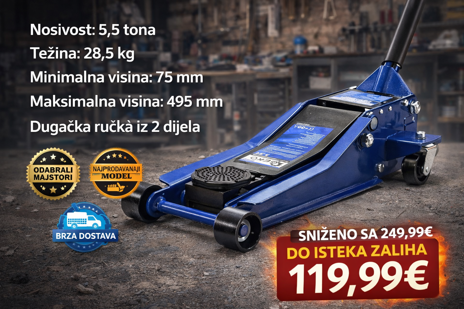 Profesionalna hidraulična dizalica niskog profila 5,5T – robusna čelična auto dizalica za radionice