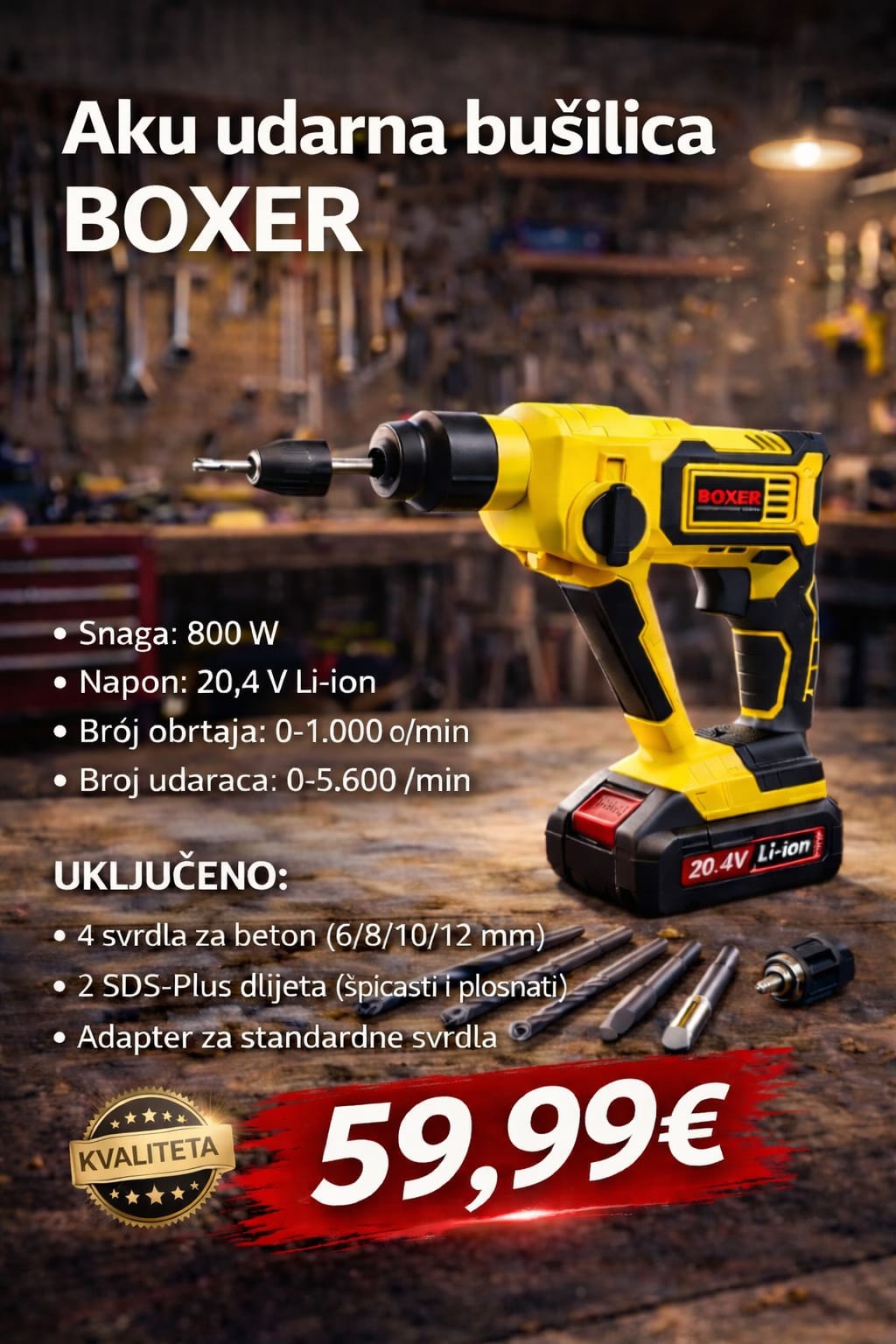 BOXER Aku udarna bušilica 20.4V Li-ion – 800W set sa SDS svrdlima i dlijetima