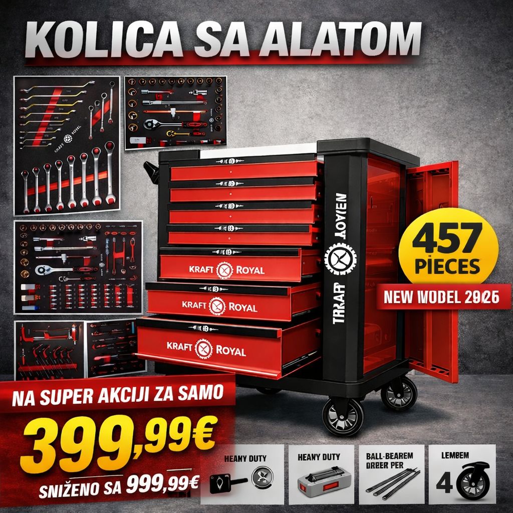 Profesionalna Kolica sa Alatom 457 Dijelova – Kraft Royal