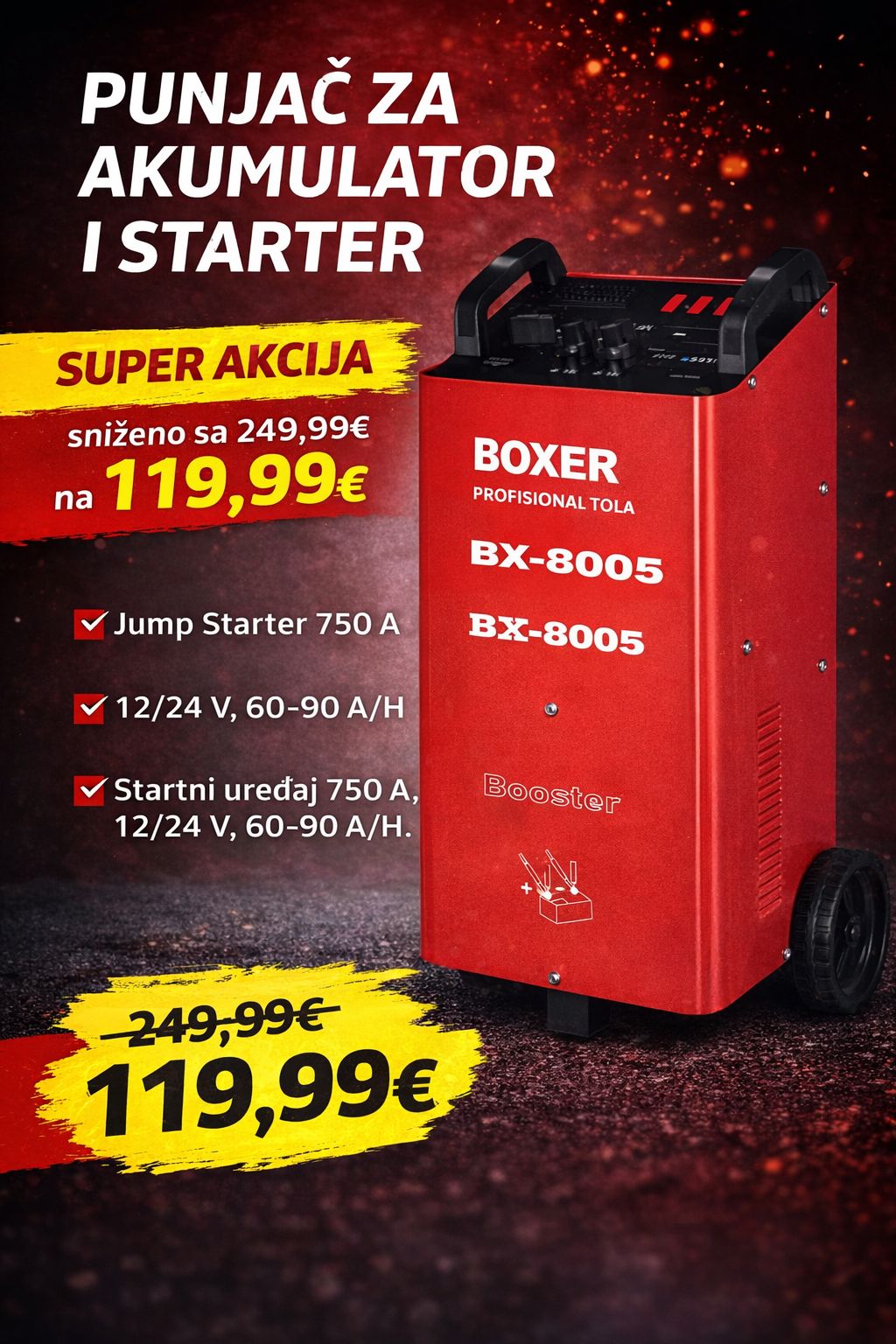 Boxer BX-8005 Punjač za akumulator i starter 12/24V 750A