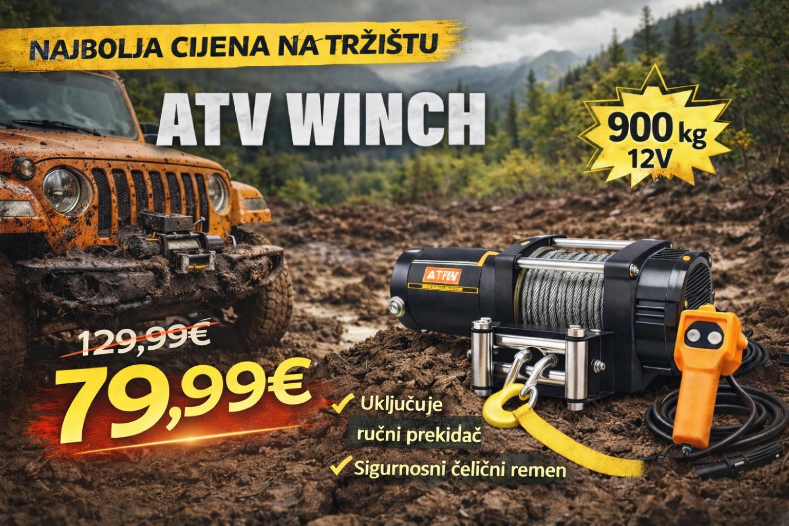 ATV Električno Vitlo 900 kg 12V – Winch za Quad, ATV i Terenska Vozila